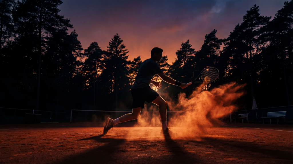 Tennisspieler, Stimmungsbild, Sandwolke, Dämmerung, Tennisplatz